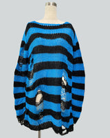 Damen nan Oversized Grobstrickpullover mit breiten Blockstreifen und aufgerissenem Design Drune in Lang Schwarz-Blau