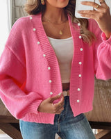Damen nan Strickcardigan mit Perlenknöpfen und Balloon-Ärmeln Drune in Dunkelrosa
