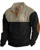 Herren nan grober Rippstrick-Pullover mit Stehkragen, Knopfleiste und markanten Ellenbogenpatches Drune in Khaki + Schwarz