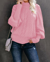 Damen nan Zopfmuster-Strickpullover mit Rollkragen und Ballonärmeln Drune in Rosa