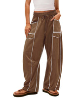 Damen nan weite Lounge-Hose mit Kordelzug, Kontrastpaspelierung und Cargo-Taschen Drune in Dunkelbraun