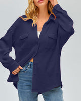 Damen nan oversized Waffelstrick Hemdjacke mit Brusttaschen und Knopfleiste Drune in Dunkelblau