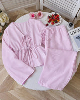 Damen nan gestreiftes Leinenähnliches Homewear-Set mit gerafftem Tunnelzugoberteil und elastischer Bundhose Drune in Rosa