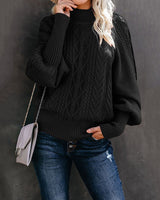 Damen nan Zopfmuster-Strickpullover mit Rollkragen und Ballonärmeln Drune in Schwarz