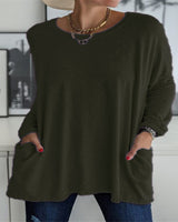 Damen nan oversized Longsleeve-Tunika mit Rundhalsausschnitt, überschnittener Schulter und aufgesetzten Taschen Drune in Militärgrün