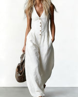 Suzanni - Eleganter Ärmelloser Overall Mit Weitem Bein Und V-ausschnitt in Weiß