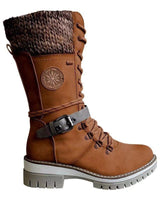 Damen nan gefütterte Schnürstiefel mit gestricktem Schaftbund, dekorativem Schnallenriemen und profilierter Gummisohle Drune in Tiefbraun