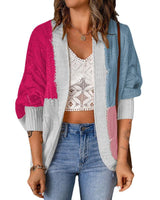 Damen nan lässige Strickjacke im Patchwork-Stil mit offener Front und 3/4-Ärmeln Drune in Magenta