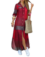 Damen nan langes Hemdkleid mit floralem Muster und seitlichem Schlitz Drune in Weinrot+Grau