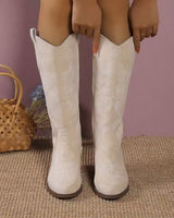 Damen nan Kniestiefel im Westernstil mit mittelhohem Blockabsatz seitlichem Reißverschluss und gesticktem Wildlederfinish Drune in Beige
