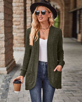Damen nan langer gerippter Cardigan mit aufgesetzten Taschen und offener Front Drune in Olivgrün