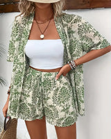 Hana | Damen Kimono-Set Shorts Blumenmuster Sommer in Grün