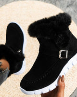 Damen nan gefütterte Kurzstiefel mit Kunstfellbesatz, Velourslederoptik, seitlichem Reißverschluss, dekorativer Metallschnalle und profilierter Lightweight-Sohle Drune in Schwarz