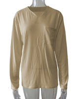 Damen nan legeres Langarmshirt mit V-Notch-Ausschnitt, Brusttasche und lockerer Oversize-Passform Drune in Khaki mit Tasche, Langarm