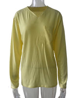 Damen nan legeres Langarmshirt mit V-Notch-Ausschnitt, Brusttasche und lockerer Oversize-Passform Drune in Ohne Taschen - Gelb Langarm