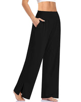 Damen nan weite Yogahose mit hohem Komfortbund, seitlichen Eingrifftaschen und seitlichem Bein-Schlitz Drune in Schwarz