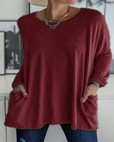 Damen nan oversized Longsleeve-Tunika mit Rundhalsausschnitt, überschnittener Schulter und aufgesetzten Taschen Drune in Weinrot