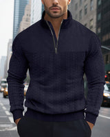 Herren nan Zopfmuster-Halbzip-Pullover mit Stehkragen, strukturierter Passe und geripptem Saum Drune in Navyblau