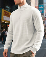 Herren nan leichtes Waffelstrick-Halbzip-Pullover mit Stehkragen und atmungsaktivem Baumwollmix Drune in Weiß
