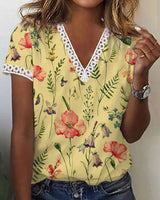Sherly – Elegantes T-Shirt mit kurzen Ärmeln und V-Ausschnitt-Print für Damen in Gelb