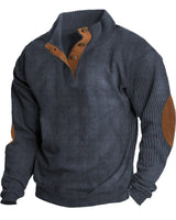 Herren nan grober Rippstrick-Pullover mit Stehkragen, Knopfleiste und markanten Ellenbogenpatches Drune in Blau