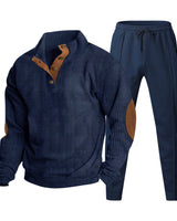 Herren nan strukturiertes Strick-Loungewear-Set mit halber Knopfleiste, kontrastreichen Ellbogenpatches und elastischem Tunnelzug-Jogger Drune in Navyblau