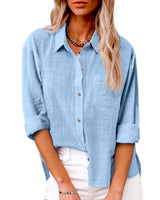 Damen nan oversized Leinen-Baumwollmix Hemdbluse mit Brusttasche und krempelbaren Ärmeln Drune in Himmelblau