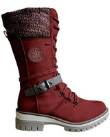 Damen nan gefütterte Schnürstiefel mit gestricktem Schaftbund, dekorativem Schnallenriemen und profilierter Gummisohle Drune in Rot