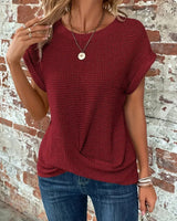 Daisy | Waffelmuster Rundhals Top in Weinrot