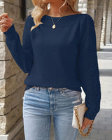 Damen Feinripp Pullover mit Ajour Puffärmeln und Bootsausschnitt in Marineblau