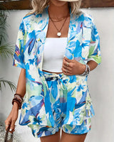 Hana | Damen Kimono-Set Shorts Blumenmuster Sommer in Hellblau