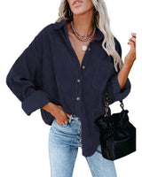 Damen nan oversized Cordhemd mit Brusttasche, Hemdkragen und aufgerollten Ärmeln Drune in Marineblau