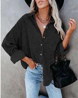 Damen nan oversized Cordhemd mit Brusttasche, Hemdkragen und aufgerollten Ärmeln Drune in Schwarz