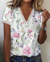 Sherly – Elegantes T-Shirt mit kurzen Ärmeln und V-Ausschnitt-Print für Damen in Weiß