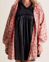 Damen nan oversized Karo-Überhemd mit Fransenbesatz, Brusttaschen und lockerer Passform Drune in Rosa