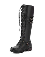 Damen nan kniehohe Schnürstiefel im Militär-Vintage Stil mit dekorativen Riemen und verstellbaren Schnallen Drune in Schwarz