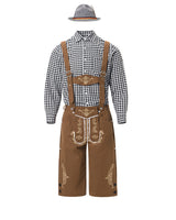 Herren nan traditionelle Trachtenlederhose mit bestickten Hosenträgern, kariertem Trachtenhemd und Filzhut Drune in 82346【Schwarzes Oberteil + braune Latzhose + graue Mütze】