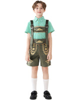 Unisex nan traditionelle Kinderlederhose mit verstellbaren Hosenträgern und aufwendiger Stickerei Drune in Grünes Karo + grüner Träger
