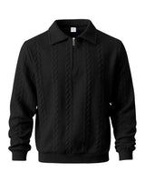 Herren nan strukturierter Strickpullover mit halbem Reißverschluss, Polokragen und Zopfmuster Drune in Schwarz