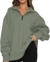 Damen nan Oversized Sweatshirt mit Kurzreißverschluss, Stehkragen und Kängurutasche Drune in Hellgrau