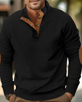Herren nan strukturiertes Rugby-Pullover mit Stehkragen, Knopfleiste und Leder-Ellenbogenpatches Drune in Schwarz
