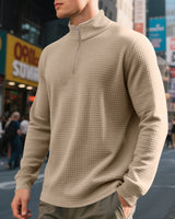 Herren nan leichtes Waffelstrick-Halbzip-Pullover mit Stehkragen und atmungsaktivem Baumwollmix Drune in Khaki