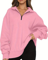 Damen nan Oversized Sweatshirt mit Kurzreißverschluss, Stehkragen und Kängurutasche Drune in Rosa