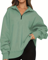 Damen nan Oversized Sweatshirt mit Kurzreißverschluss, Stehkragen und Kängurutasche Drune in Hellgrün