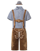 Herren nan traditionelle Trachtenlederhose mit bestickten Hosenträgern, kariertem Trachtenhemd und Filzhut Drune in 82353【Schwarzes Oberteil + braune Latzhose + graue Mütze】