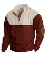 Herren nan strukturiertes Rugby-Pullover mit Stehkragen, Knopfleiste und Leder-Ellenbogenpatches Drune in Apricot + Rot