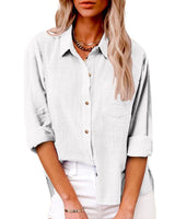 Damen nan oversized Leinen-Baumwollmix Hemdbluse mit Brusttasche und krempelbaren Ärmeln Drune in Weiß