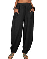 Damen nan lockere Leinenhose mit weitem Bein elastischem Bund und großen aufgesetzten Taschen Drune in Schwarz