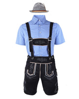 Herren nan traditionelle Trachtenlederhose mit bestickten Hosenträgern, kariertem Trachtenhemd und Filzhut Drune in 82352【Blaues Oberteil + schwarze Latzhose + graue Mütze】