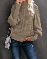 Damen nan Zopfmuster-Strickpullover mit Rollkragen und Ballonärmeln Drune in Khaki